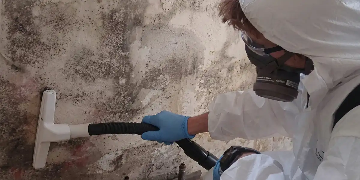 professional mold removal technician wearing protective equipment removing mold from a wall in Milwaukee, WI