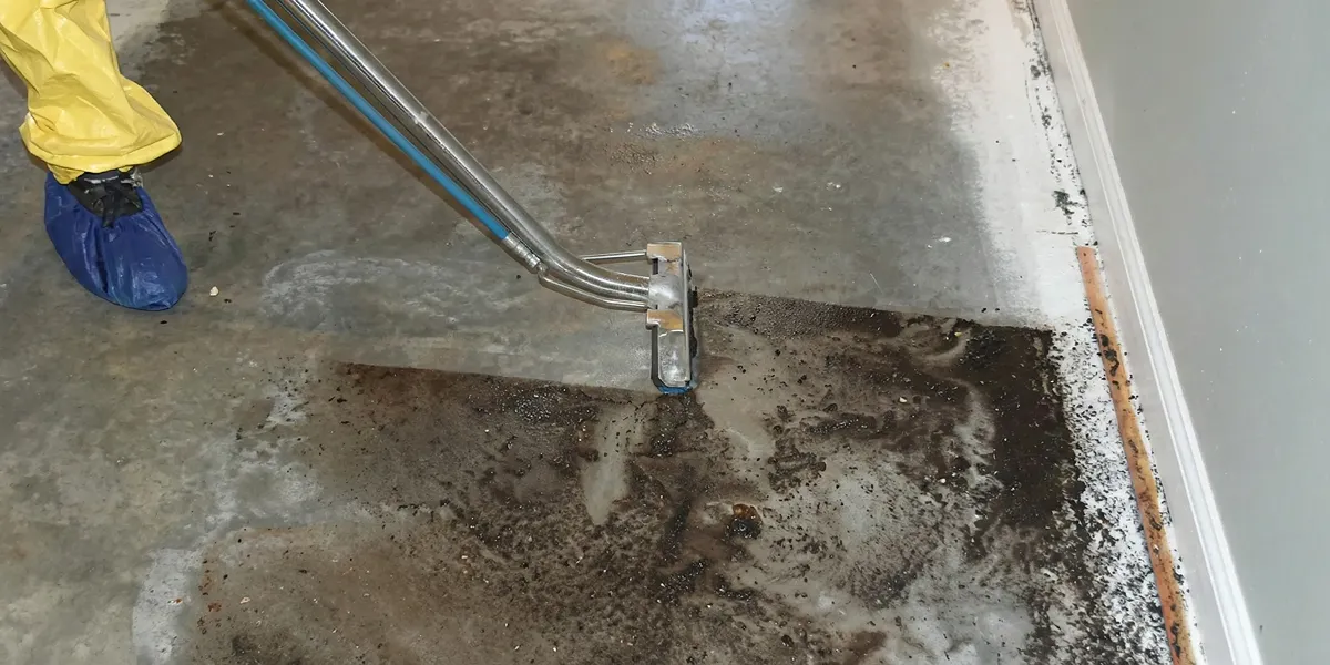 sewage removal technicians extracting contaminated wastewater from a residential floor in Milwaukee, WI
